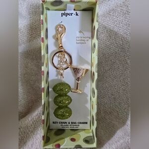 NIB Piper K Martini Glass & Green Glitter Olives, Gold Tone Keychain/Bag Charm